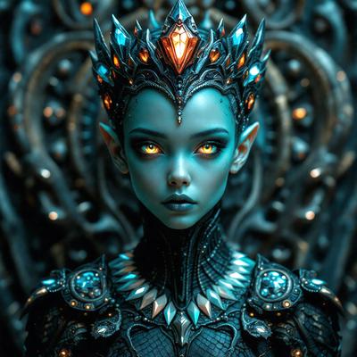 The primary subject of the image is a woman with blue eyes and a blue-green headpiece, which resembles an elf or an alien. She is wearing a black and blue outfit, and her eyes are glowing. The setting is a dark room with a blue background, which adds to the overall mood of the image. The visual style is a combination of digital art and illustration, creating a unique and intriguing scene.